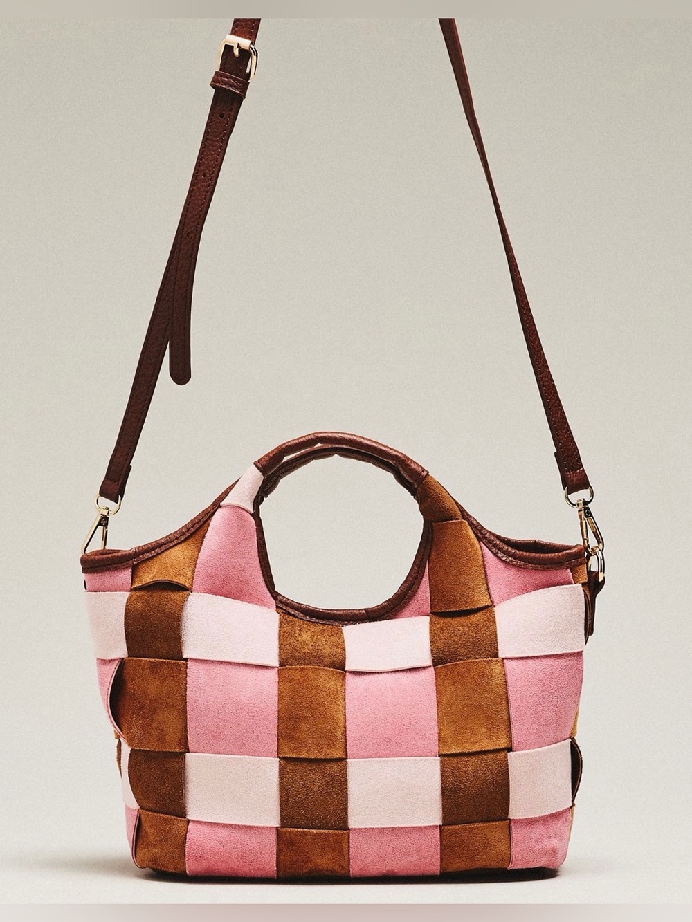 New Anthropologie woven faux suede mini satchel bag crossbody purse brown pink